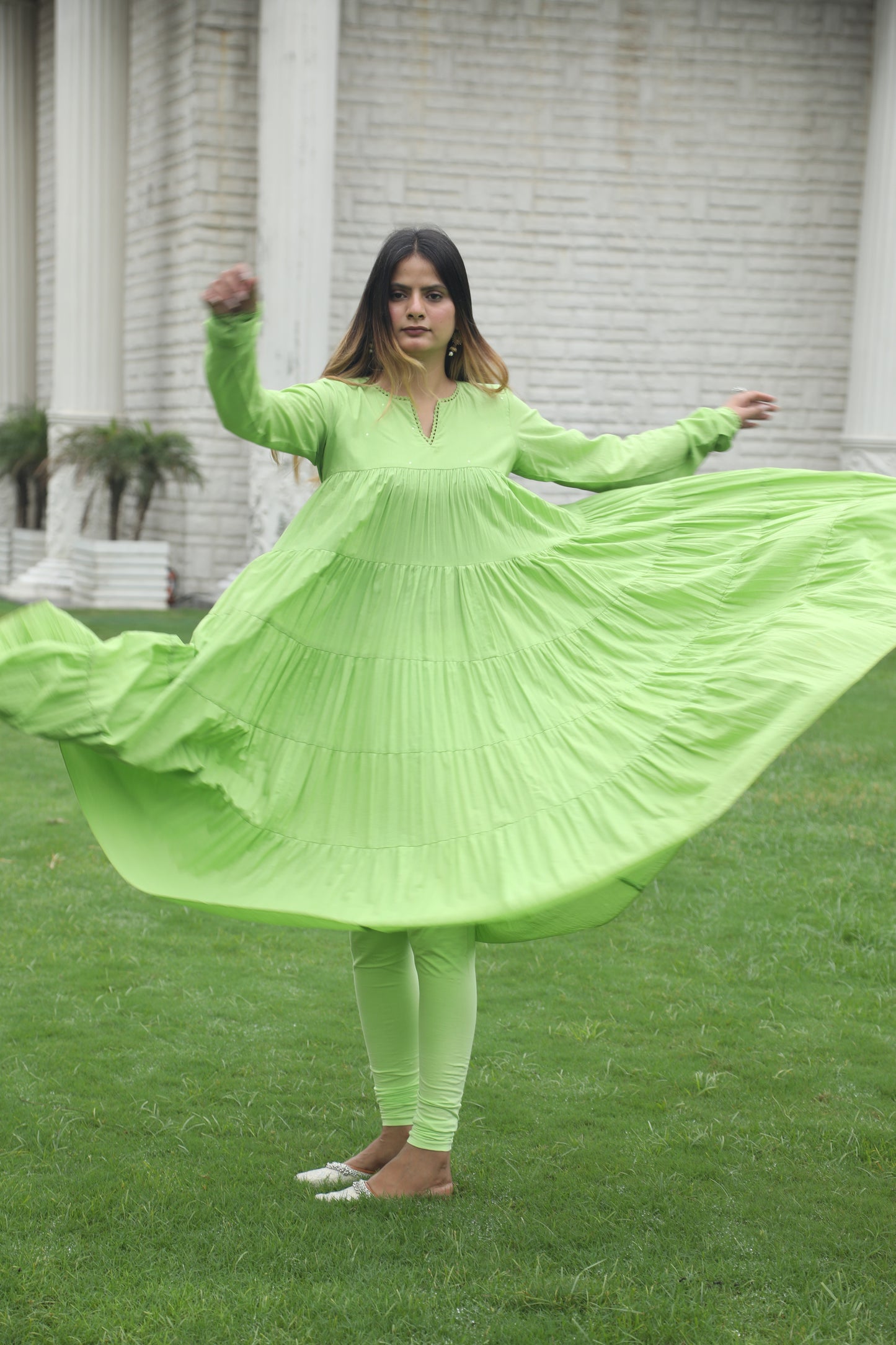 Negchar Solid Mint Green Tiered Anarkali Suit Set