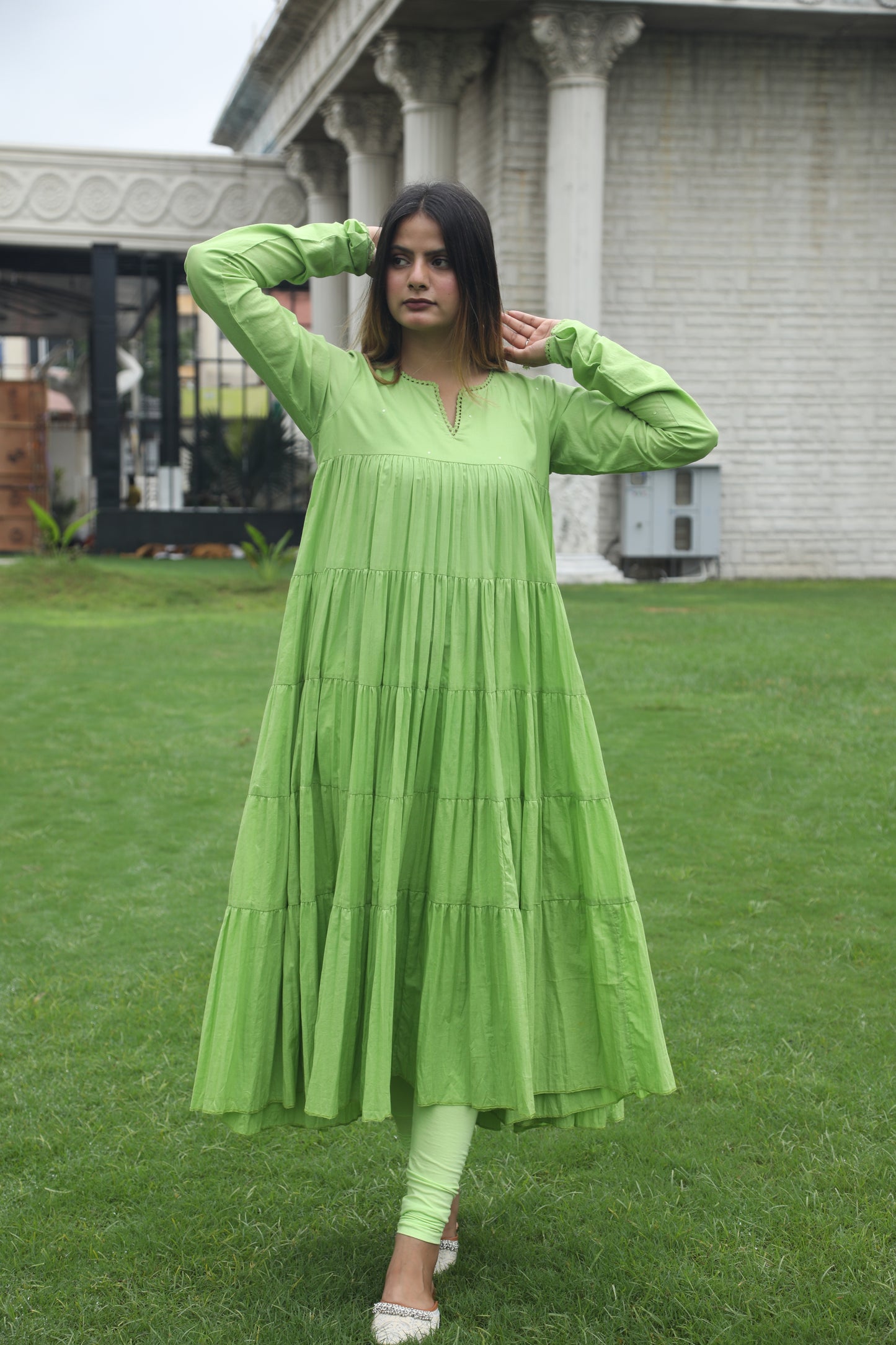 Negchar Solid Mint Green Tiered Anarkali Suit Set