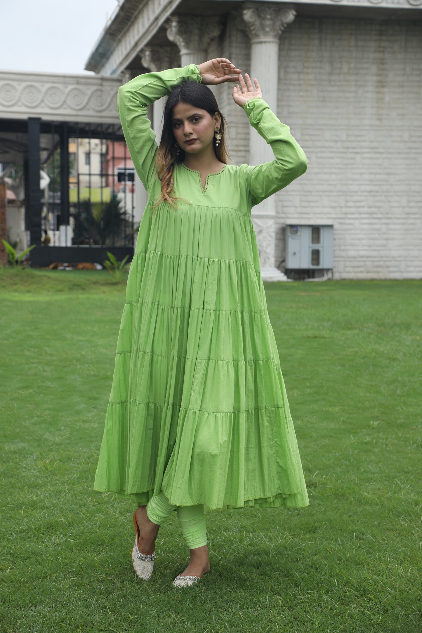 Negchar Solid Mint Green Tiered Anarkali Suit Set