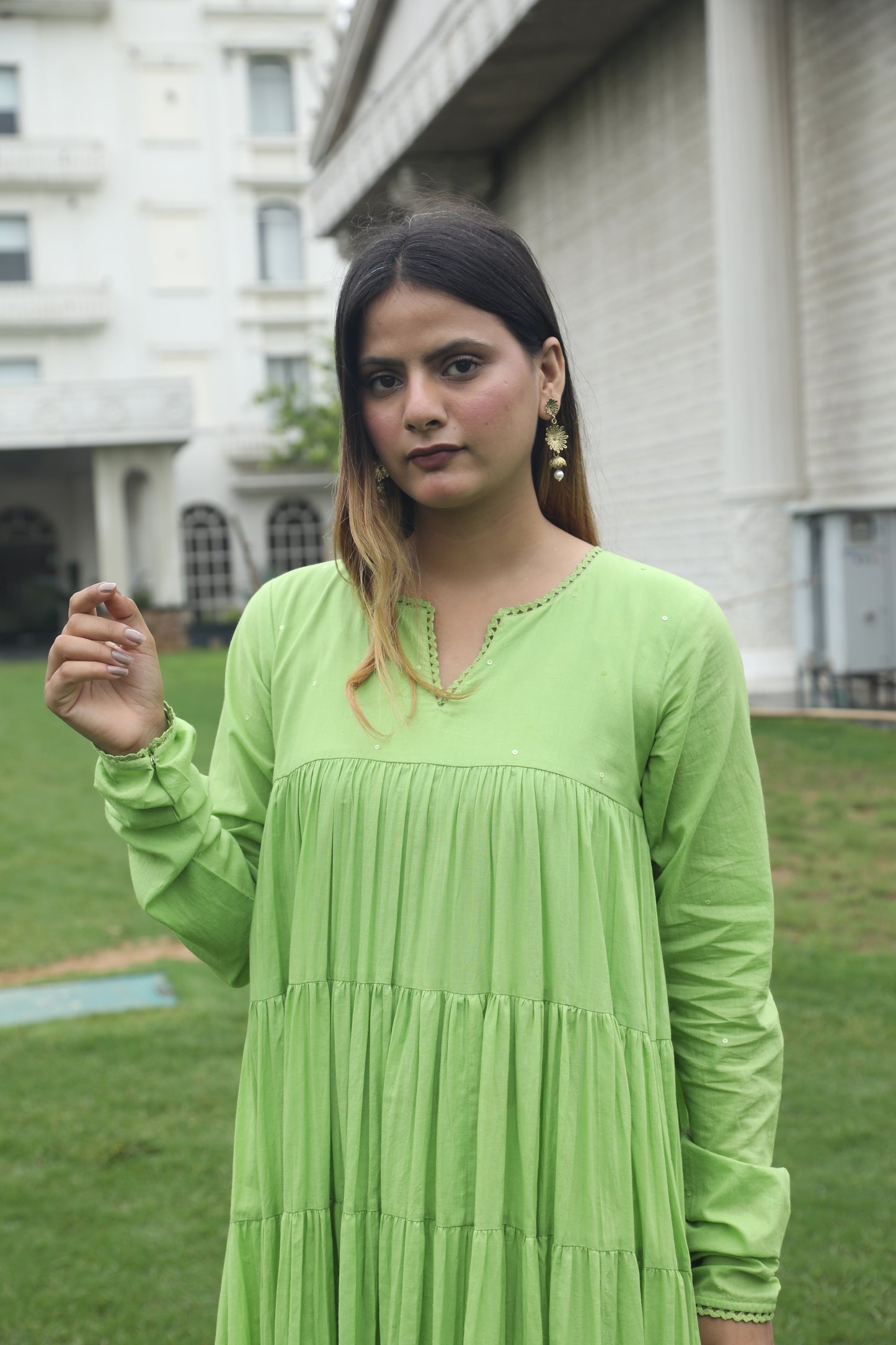 Negchar Solid Mint Green Tiered Anarkali Suit Set