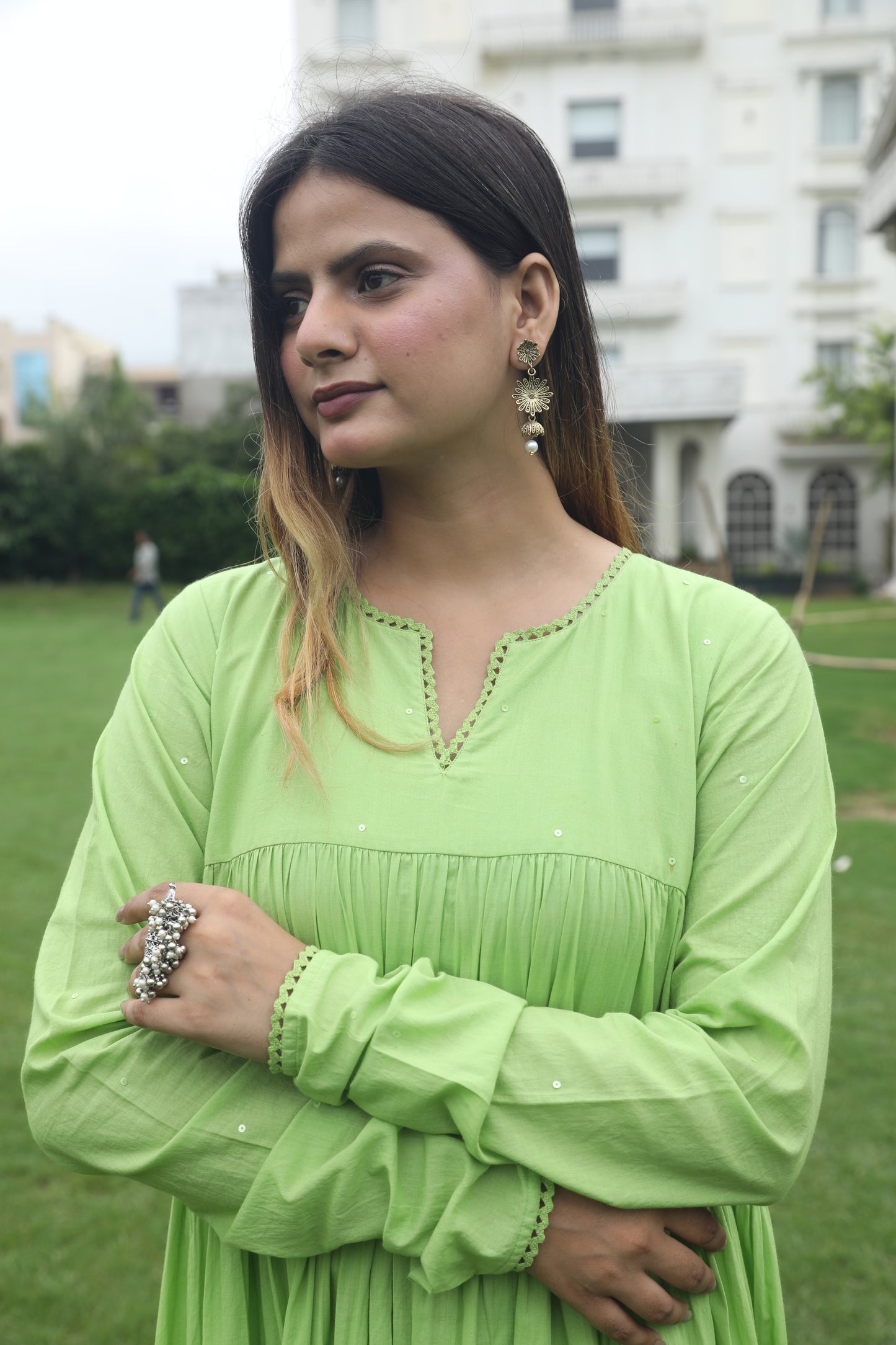 Negchar Solid Mint Green Tiered Anarkali Suit Set