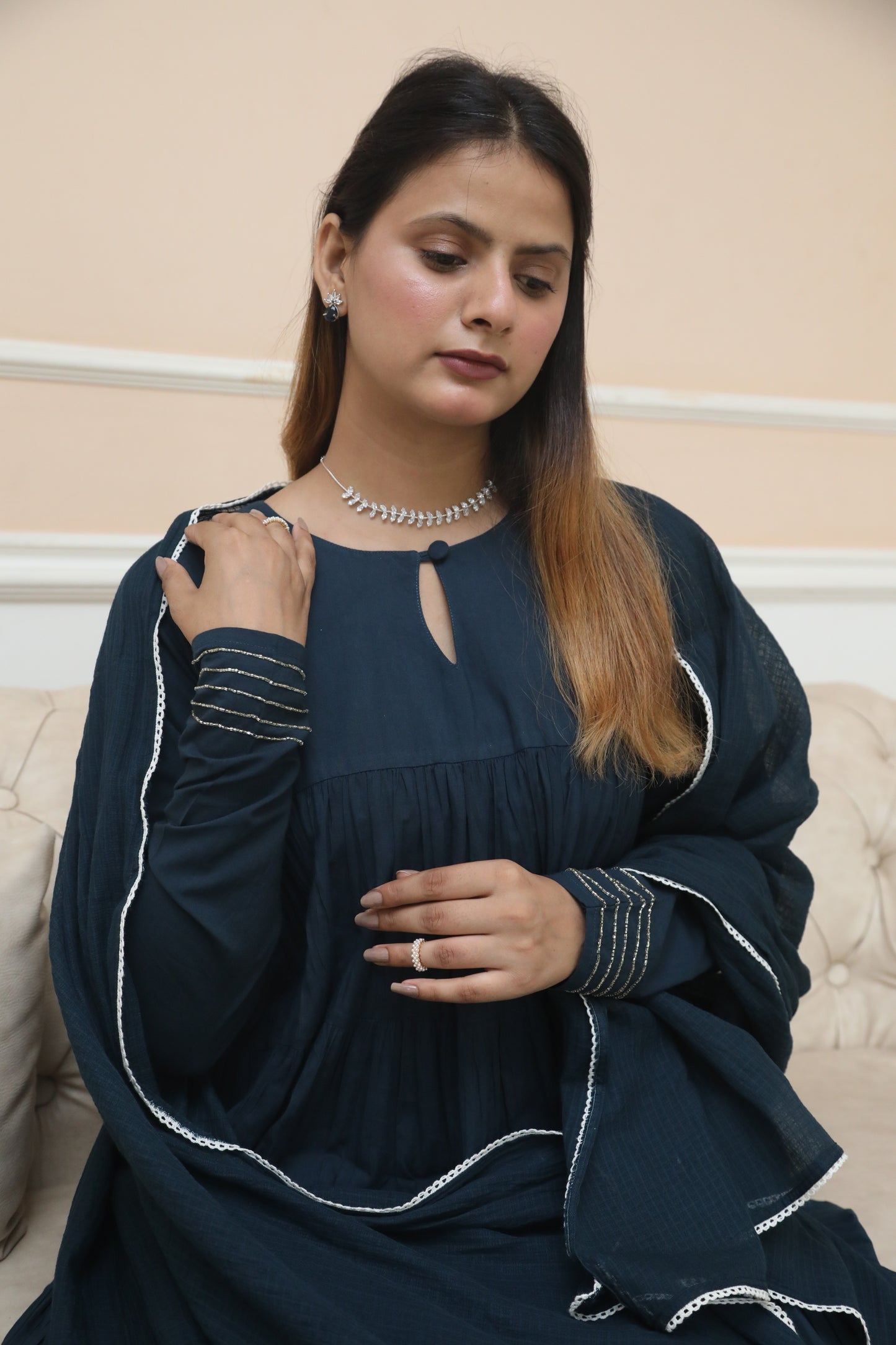 Negchar Solid Blue Tiered Anarkali Suit Set