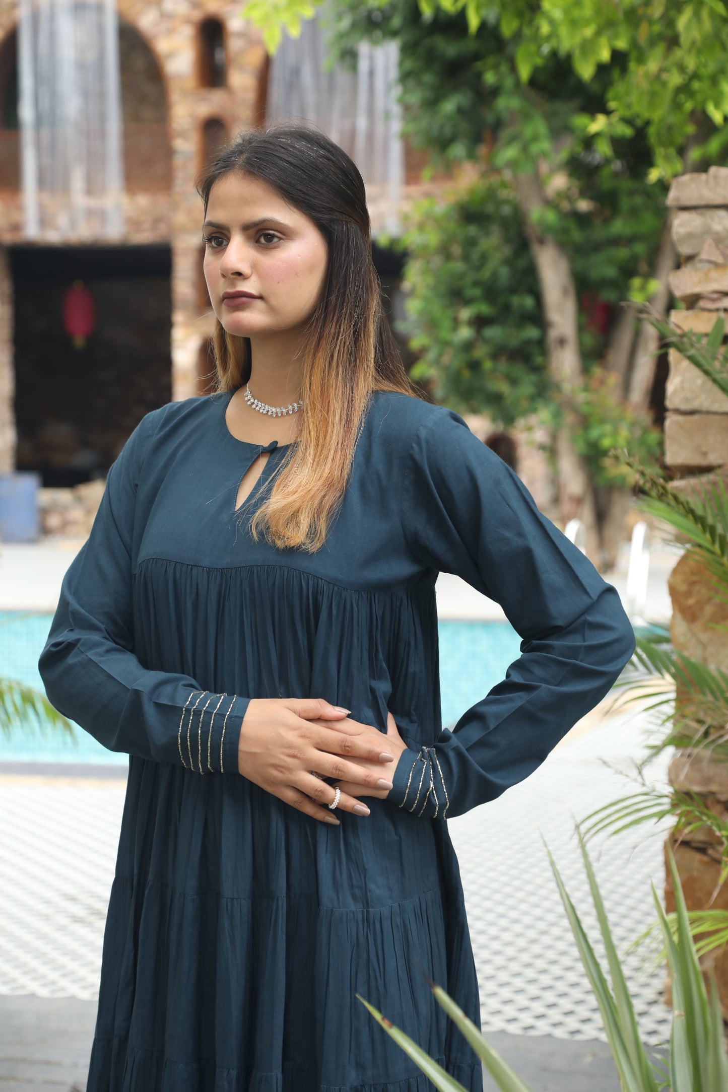 Negchar Solid Blue Tiered Anarkali Suit Set