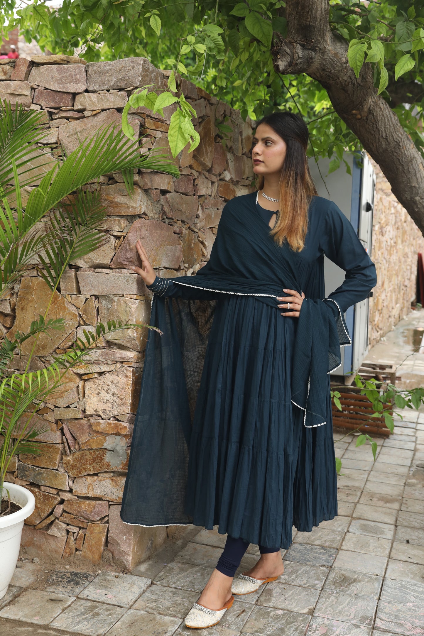 Negchar Solid Blue Tiered Anarkali Suit Set