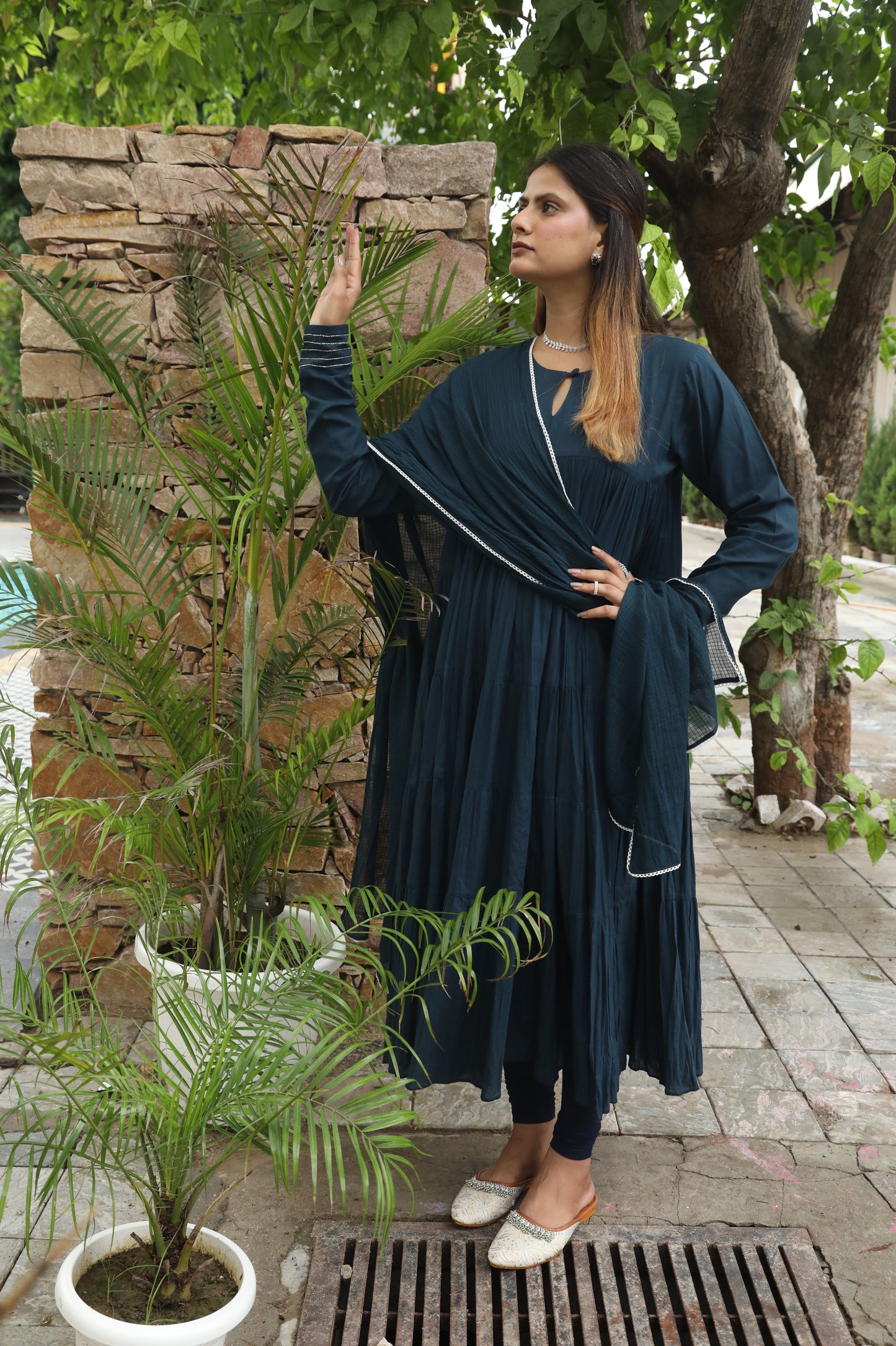 Negchar Solid Blue Tiered Anarkali Suit Set