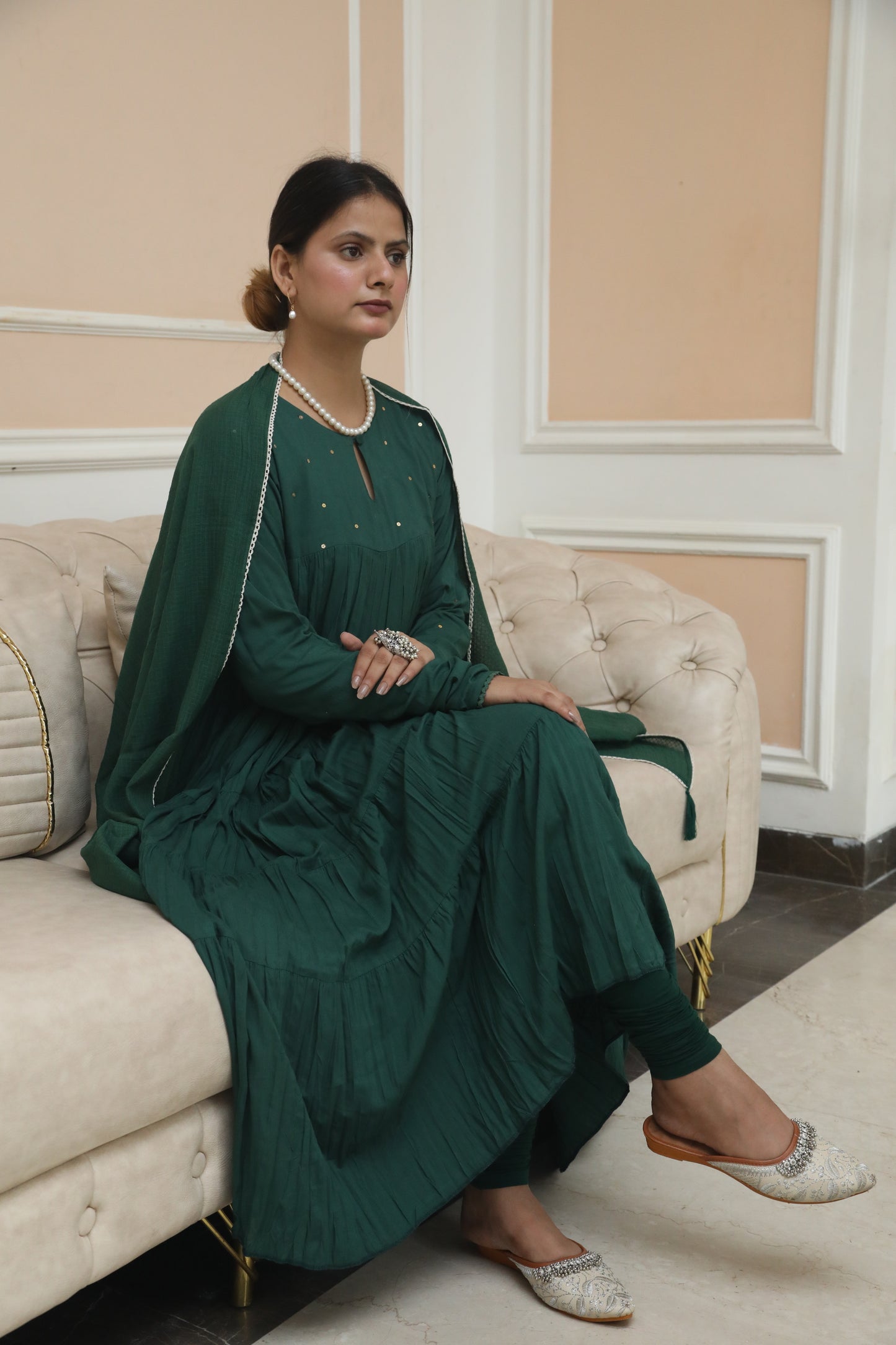 Negchar Solid Green Tiered Anarkali Suit Set