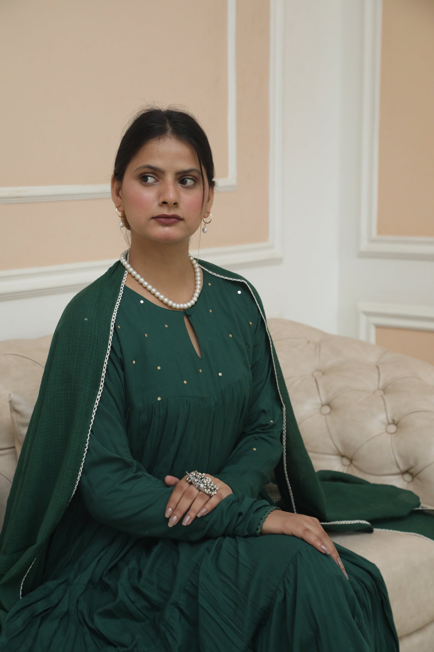 Negchar Solid Green Tiered Anarkali Suit Set