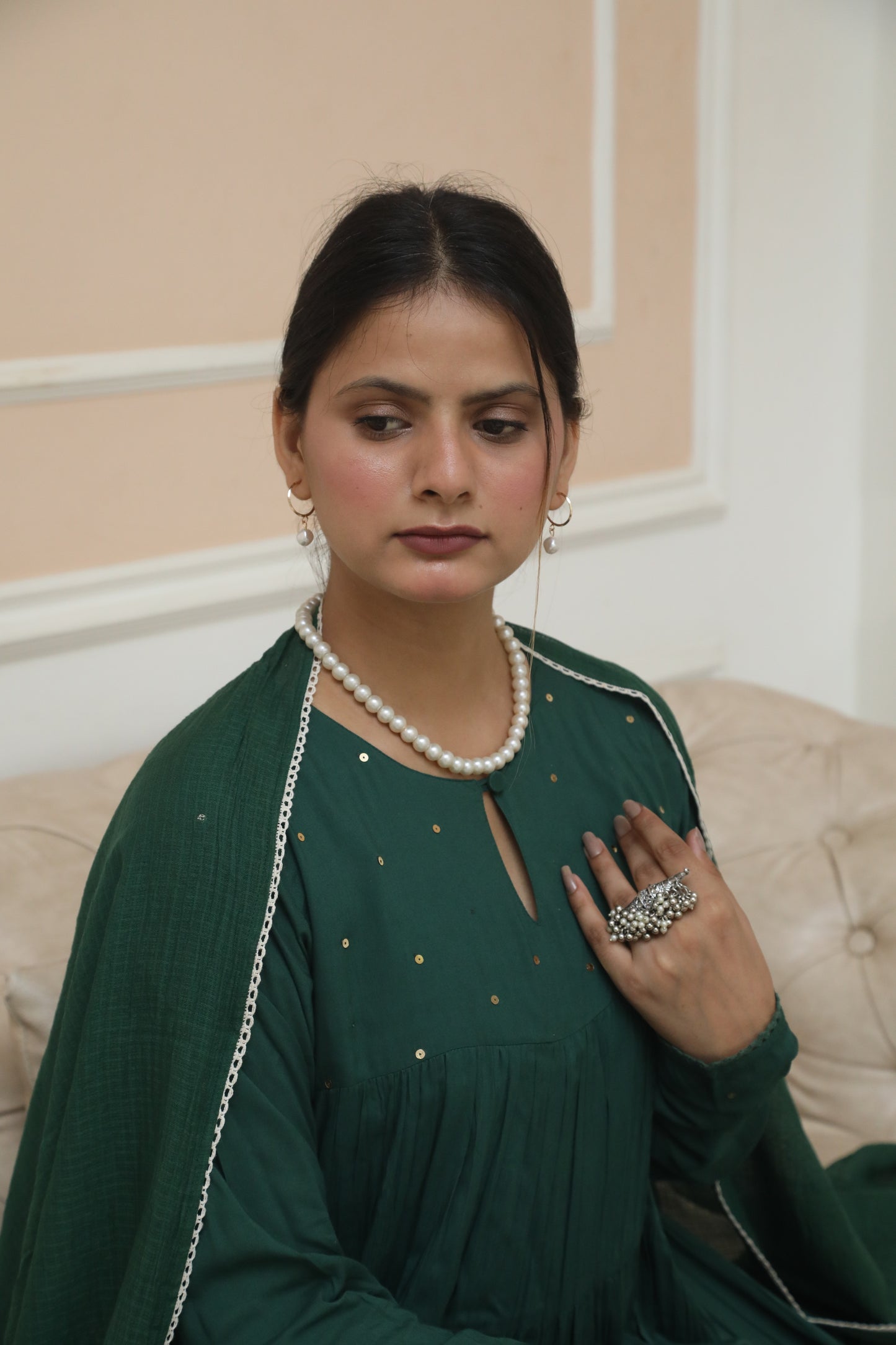 Negchar Solid Green Tiered Anarkali Suit Set