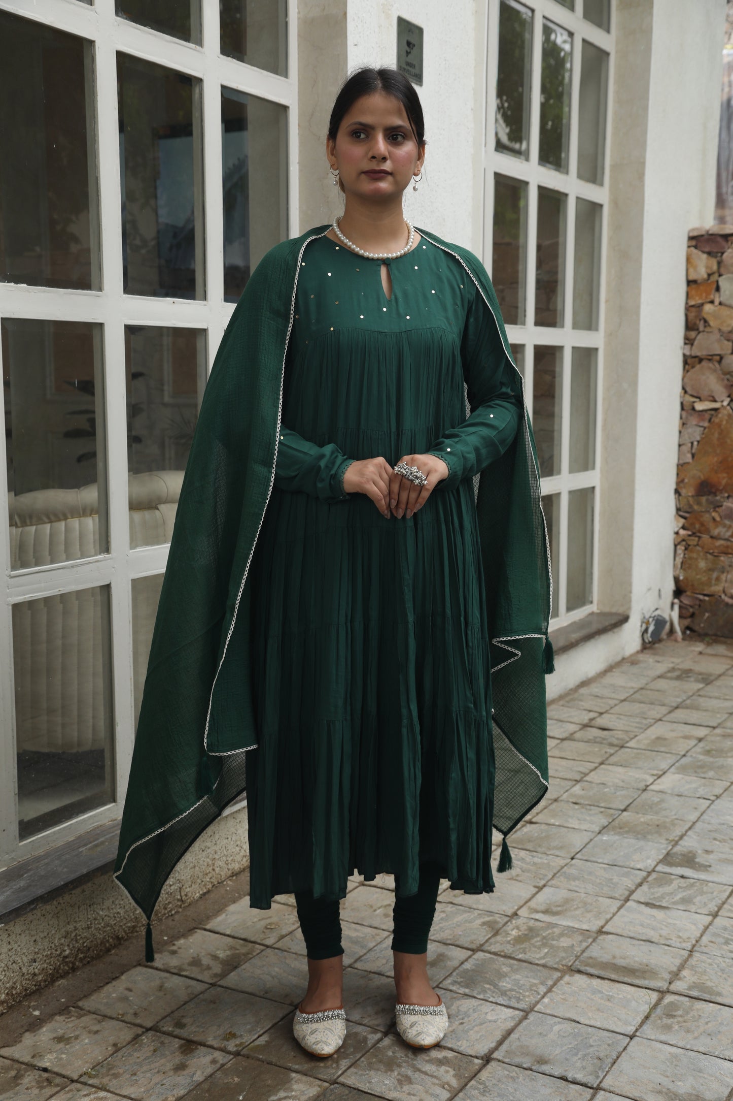 Negchar Solid Green Tiered Anarkali Suit Set