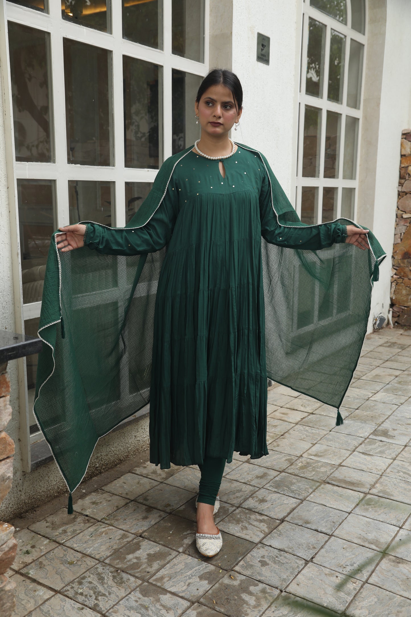 Negchar Solid Green Tiered Anarkali Suit Set
