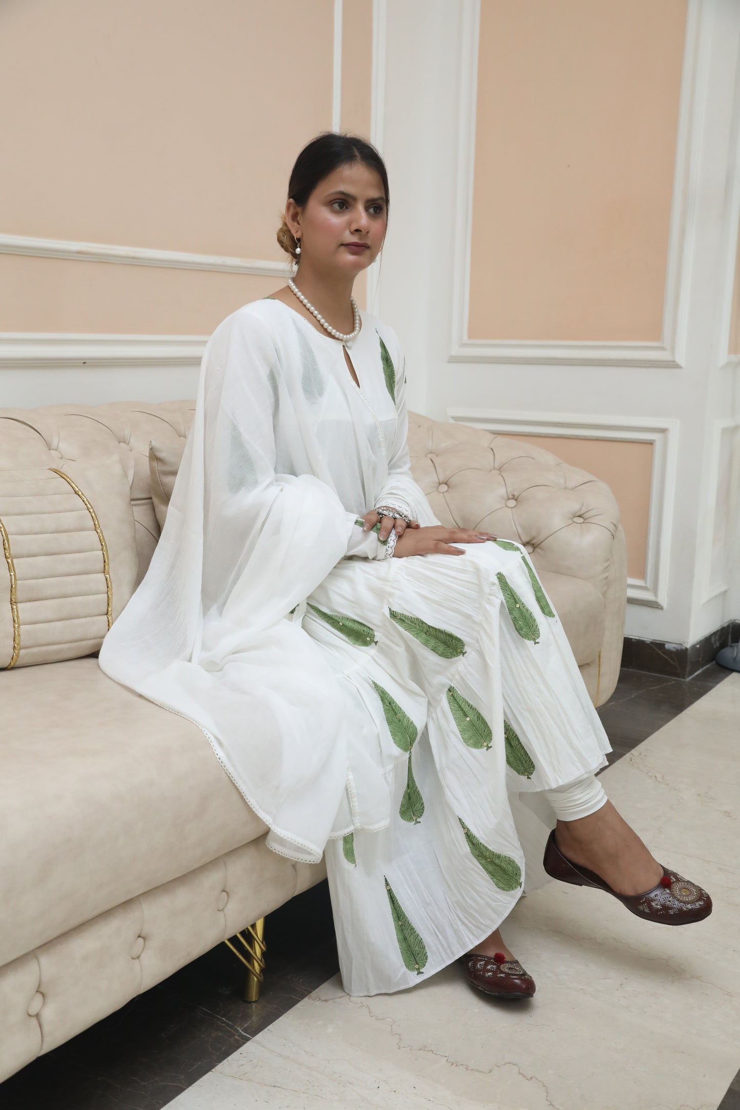 Negchar Green Leaf Handblock Printed Tiered Anarkali Suit Set