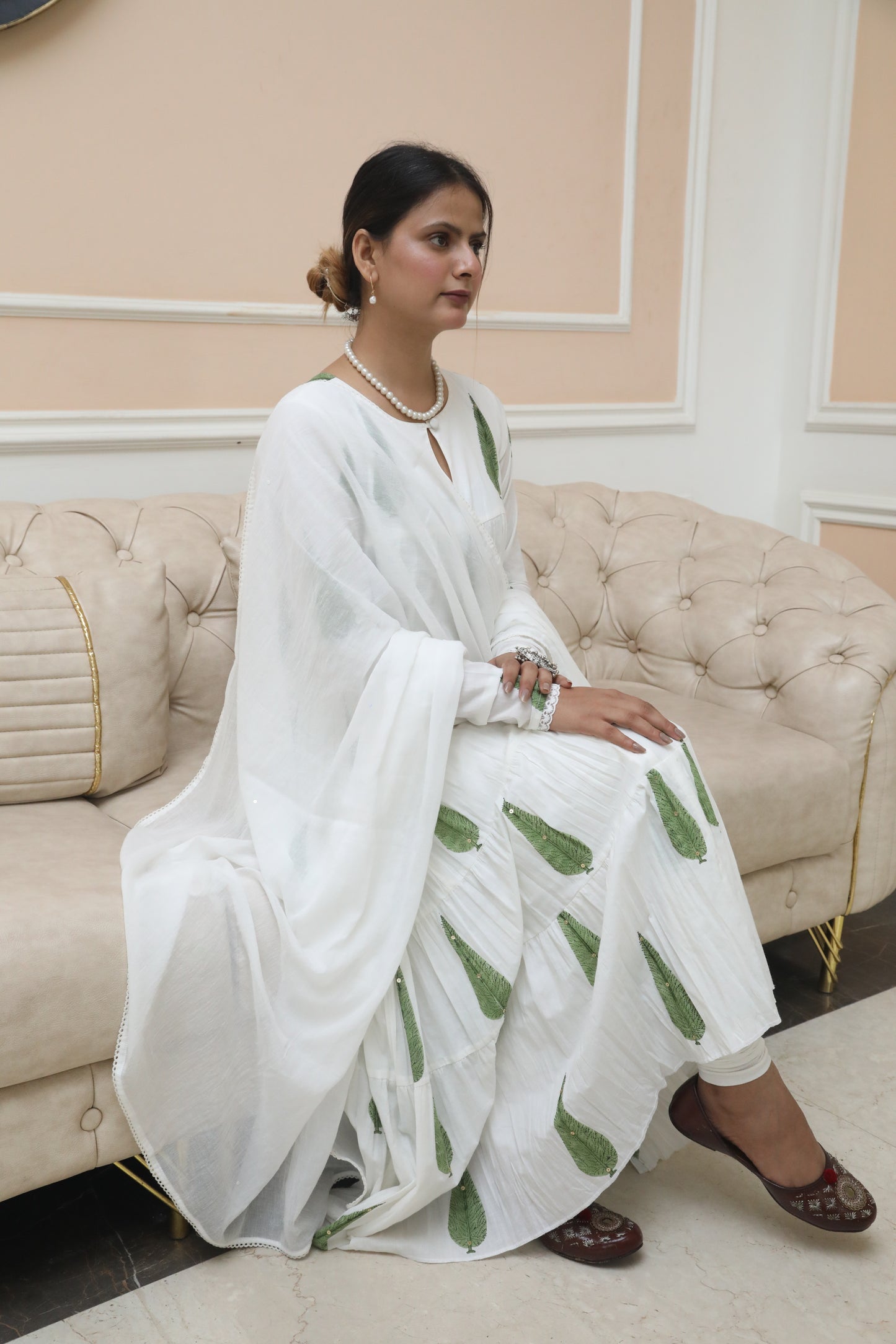 Negchar Green Leaf Handblock Printed Tiered Anarkali Suit Set
