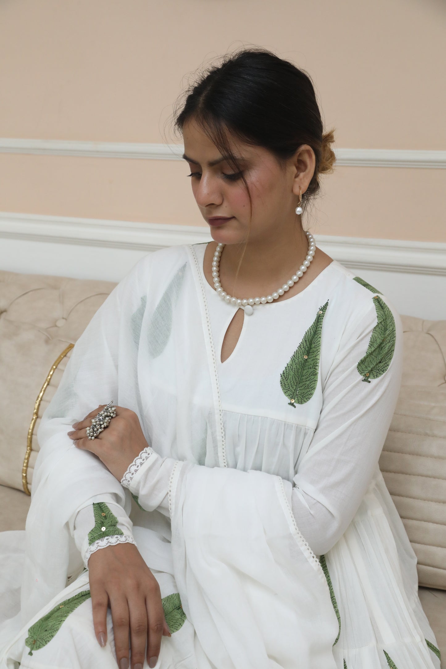 Negchar Green Leaf Handblock Printed Tiered Anarkali Suit Set