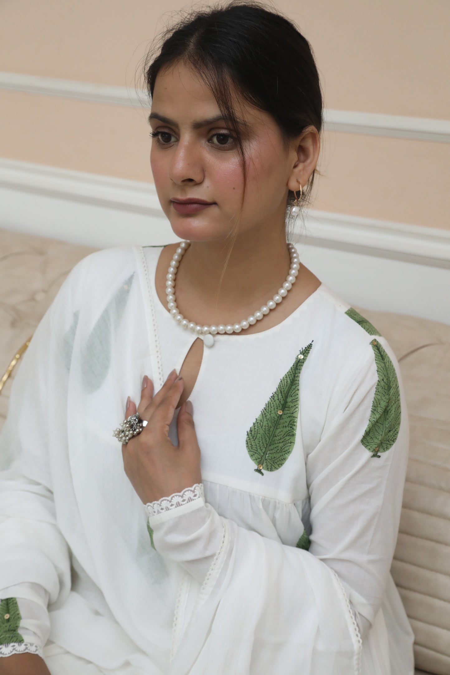 Negchar Green Leaf Handblock Printed Tiered Anarkali Suit Set