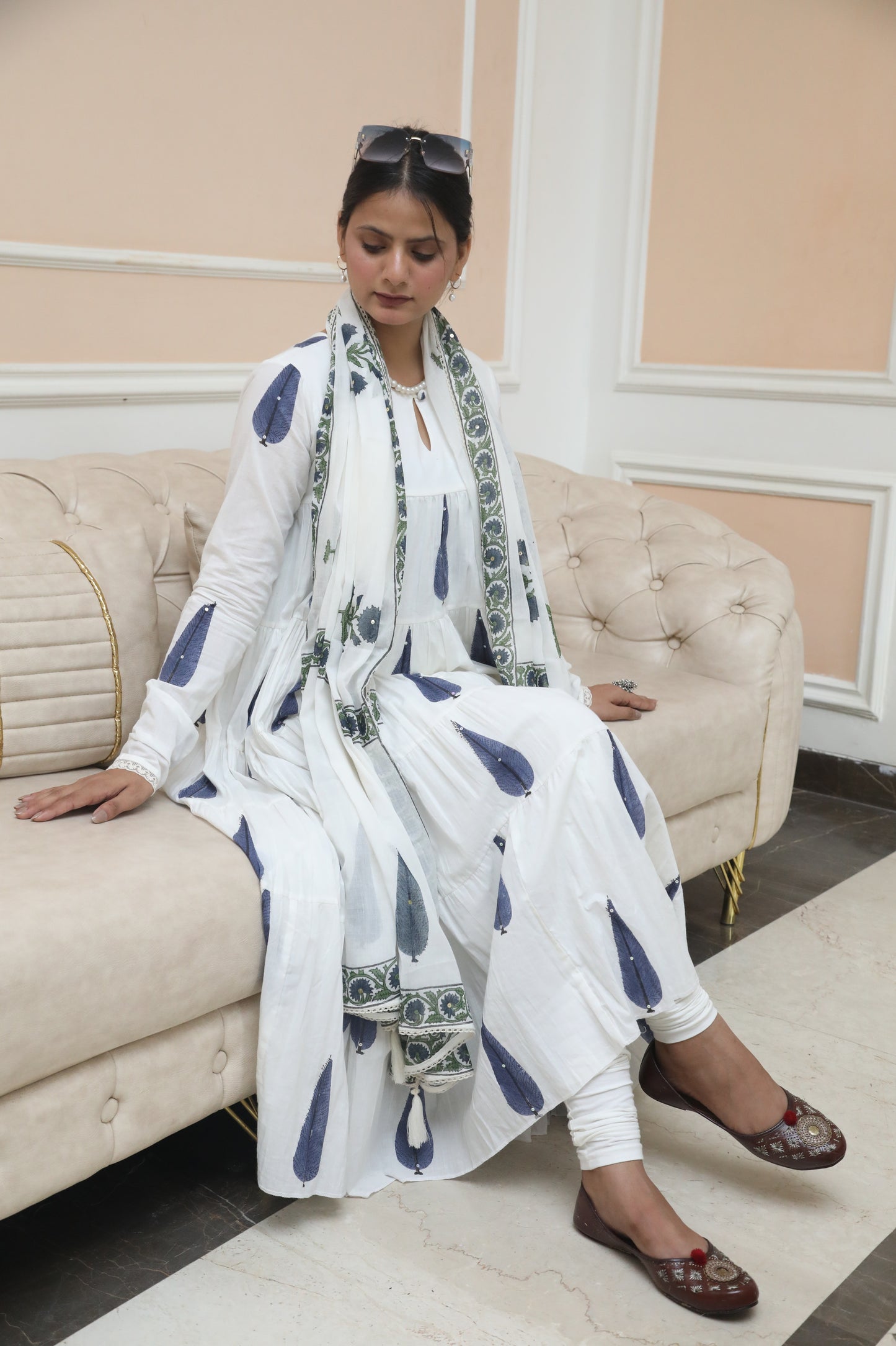Negchar Blue Leaf Handblock Tiered Anarkali Suit Set