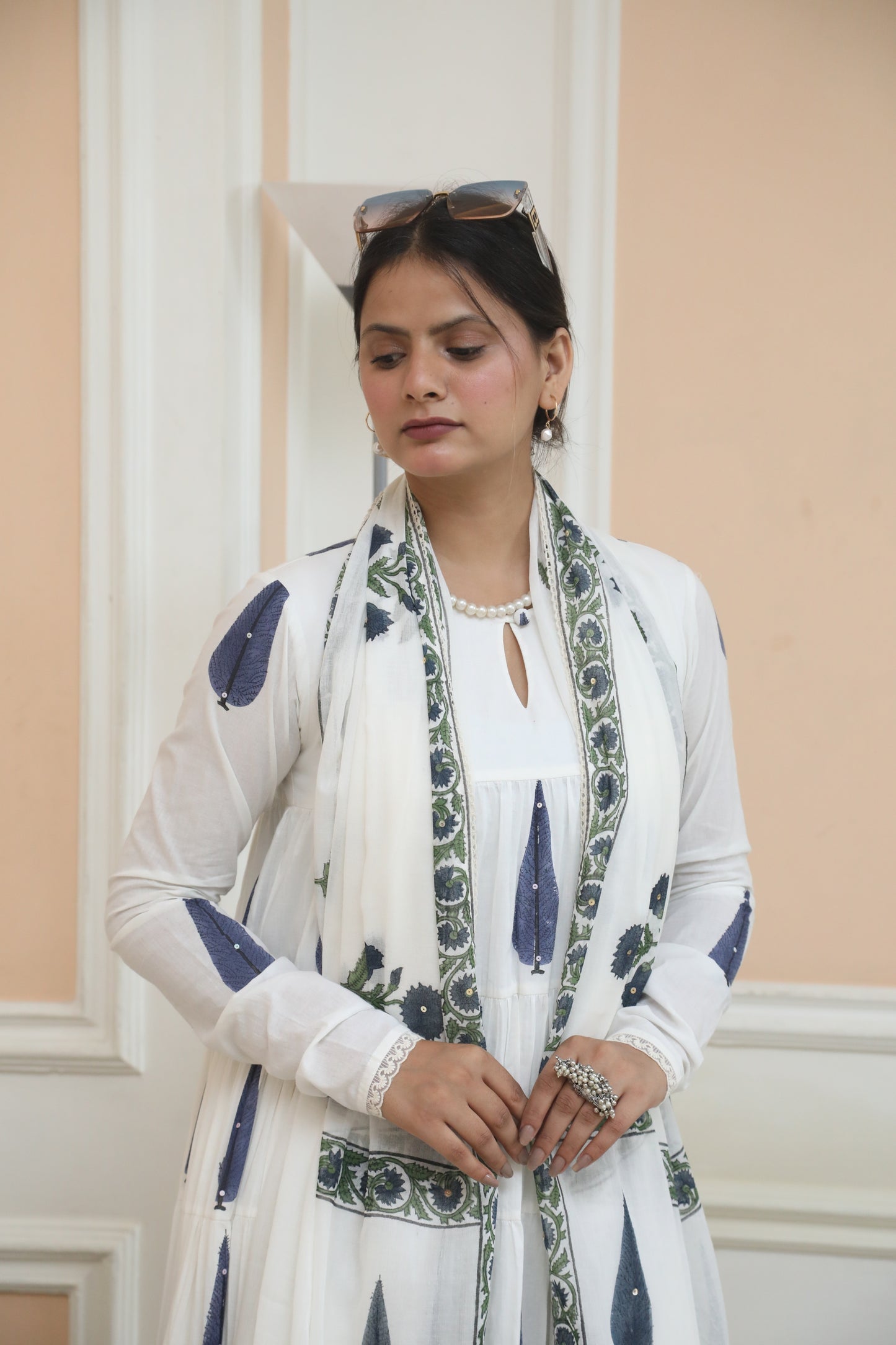 Negchar Blue Leaf Handblock Tiered Anarkali Suit Set