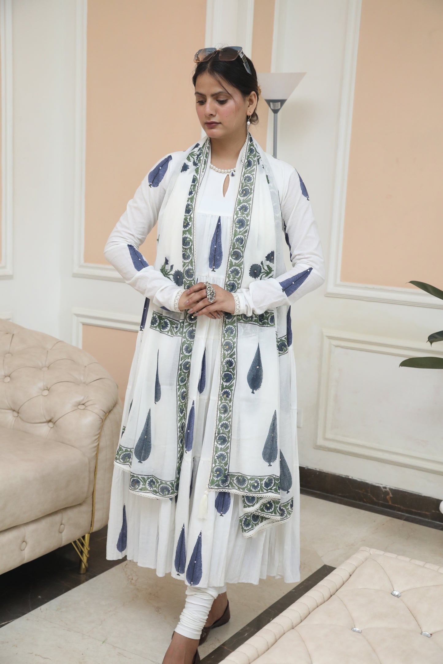 Negchar Blue Leaf Handblock Tiered Anarkali Suit Set