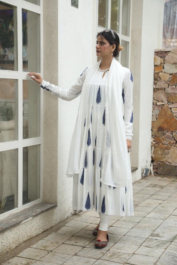 Negchar Handblock Tiered Anarkali Suit Set – Blue Leaf