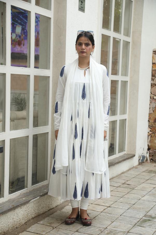 Negchar Handblock Tiered Anarkali Suit Set – Blue Leaf