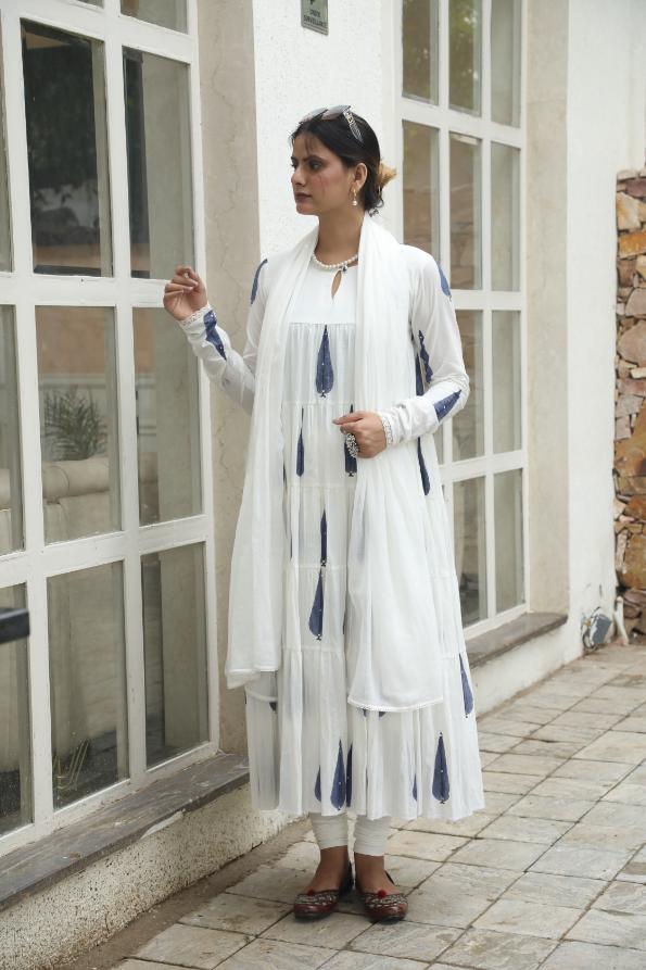 Negchar Handblock Tiered Anarkali Suit Set – Blue Leaf