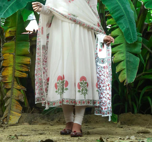 Negchar Red Buta Handblock Anarkali Suit Set - White