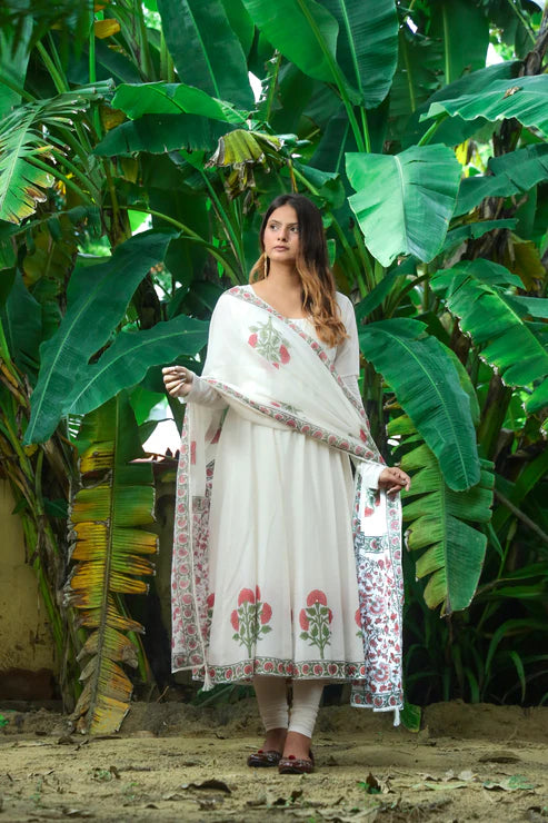 Negchar Red Buta Handblock Anarkali Suit Set - White