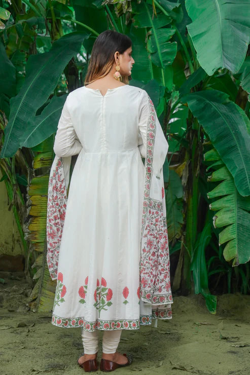 Negchar Red Buta Handblock Anarkali Suit Set - White