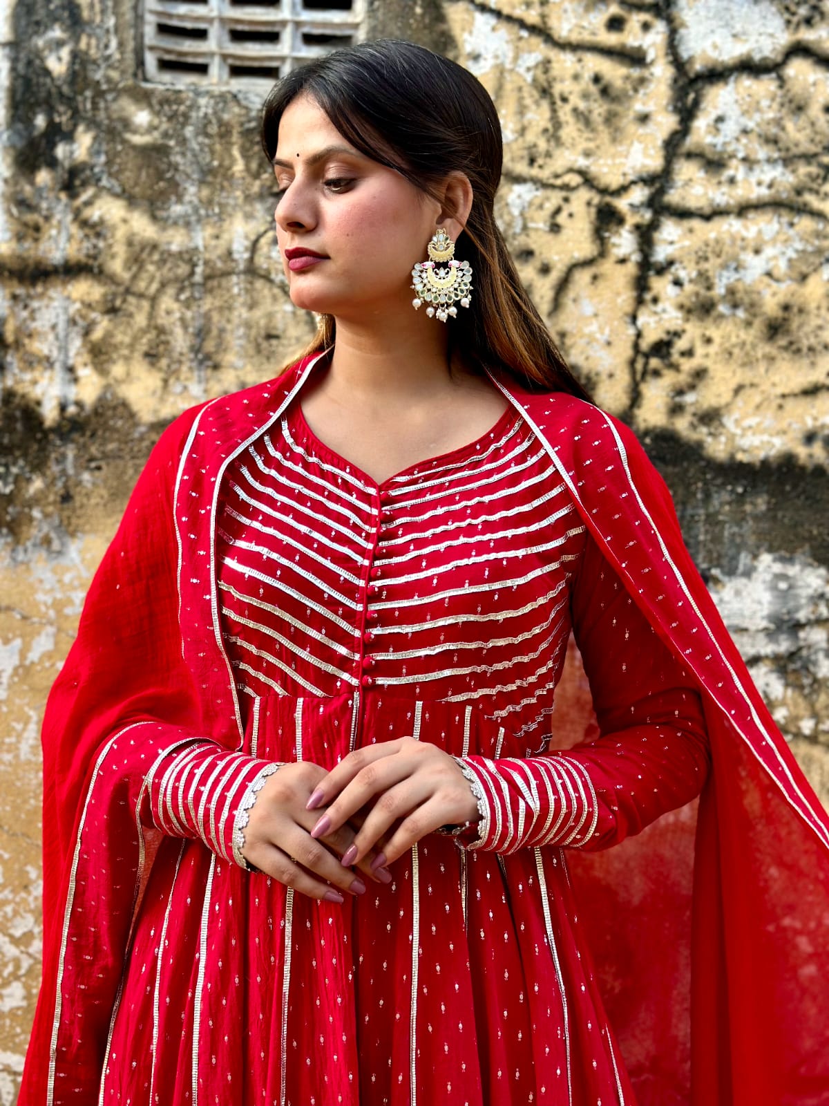 Negchar Handblock Anarkali Suit Set – Red
