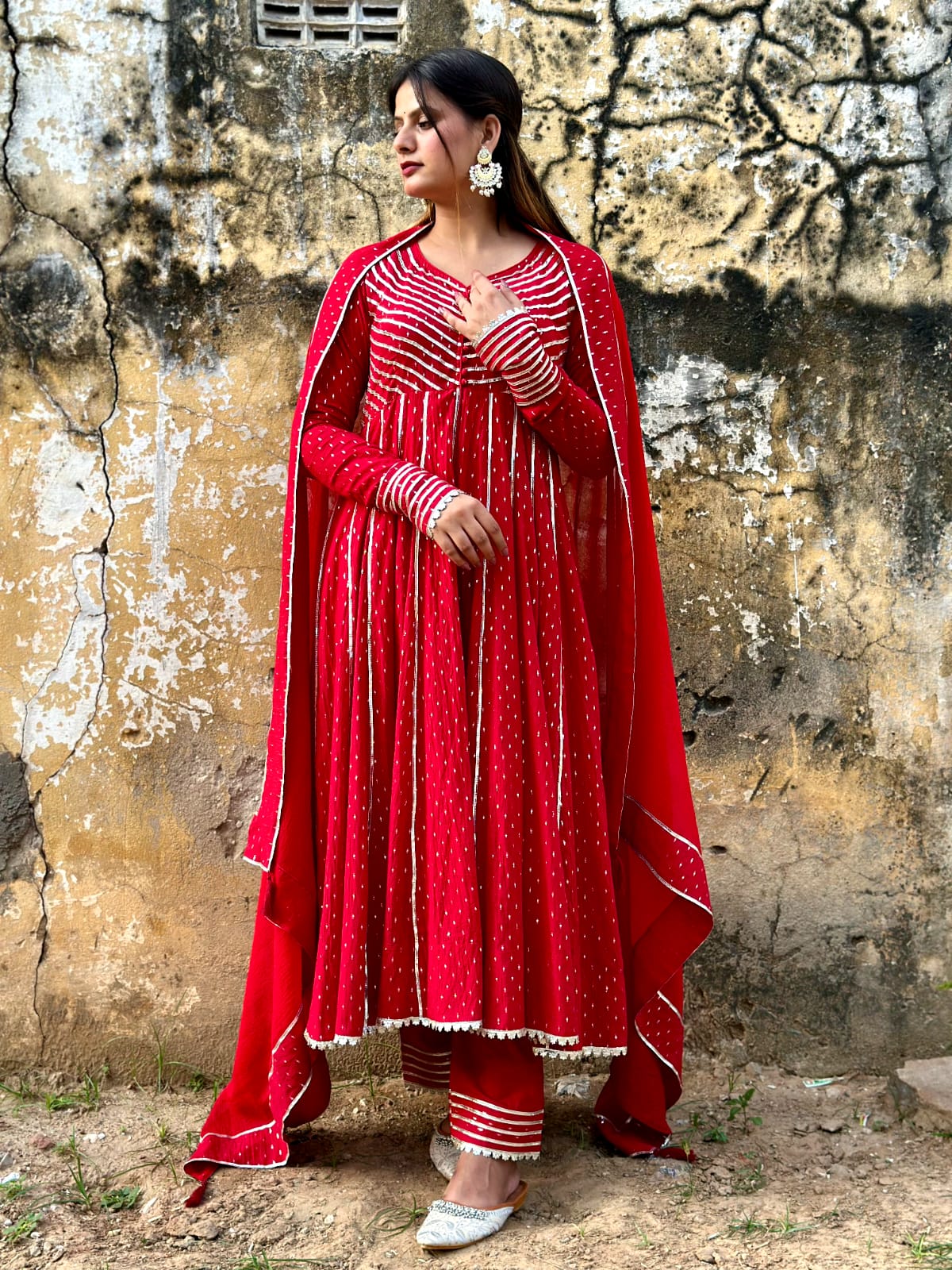 Negchar Handblock Anarkali Suit Set – Red
