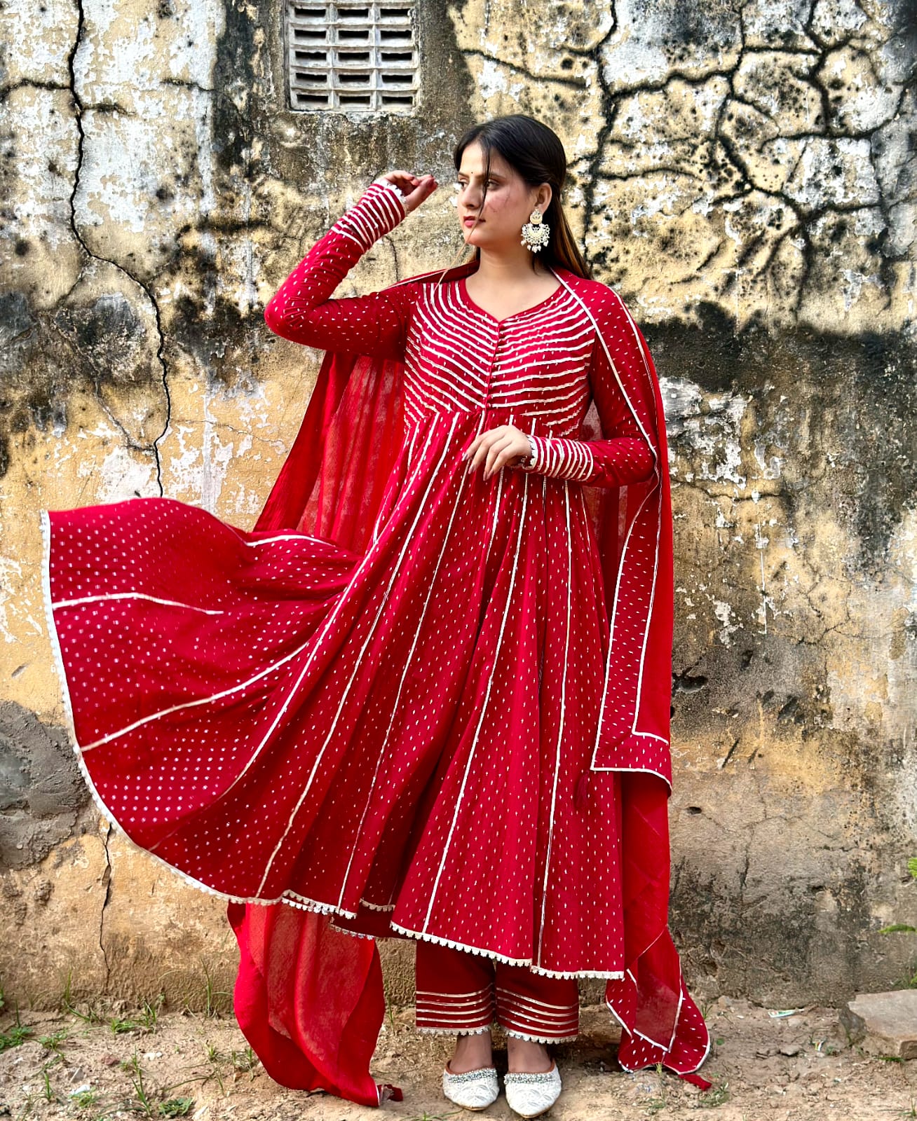 Negchar Handblock Anarkali Suit Set – Red