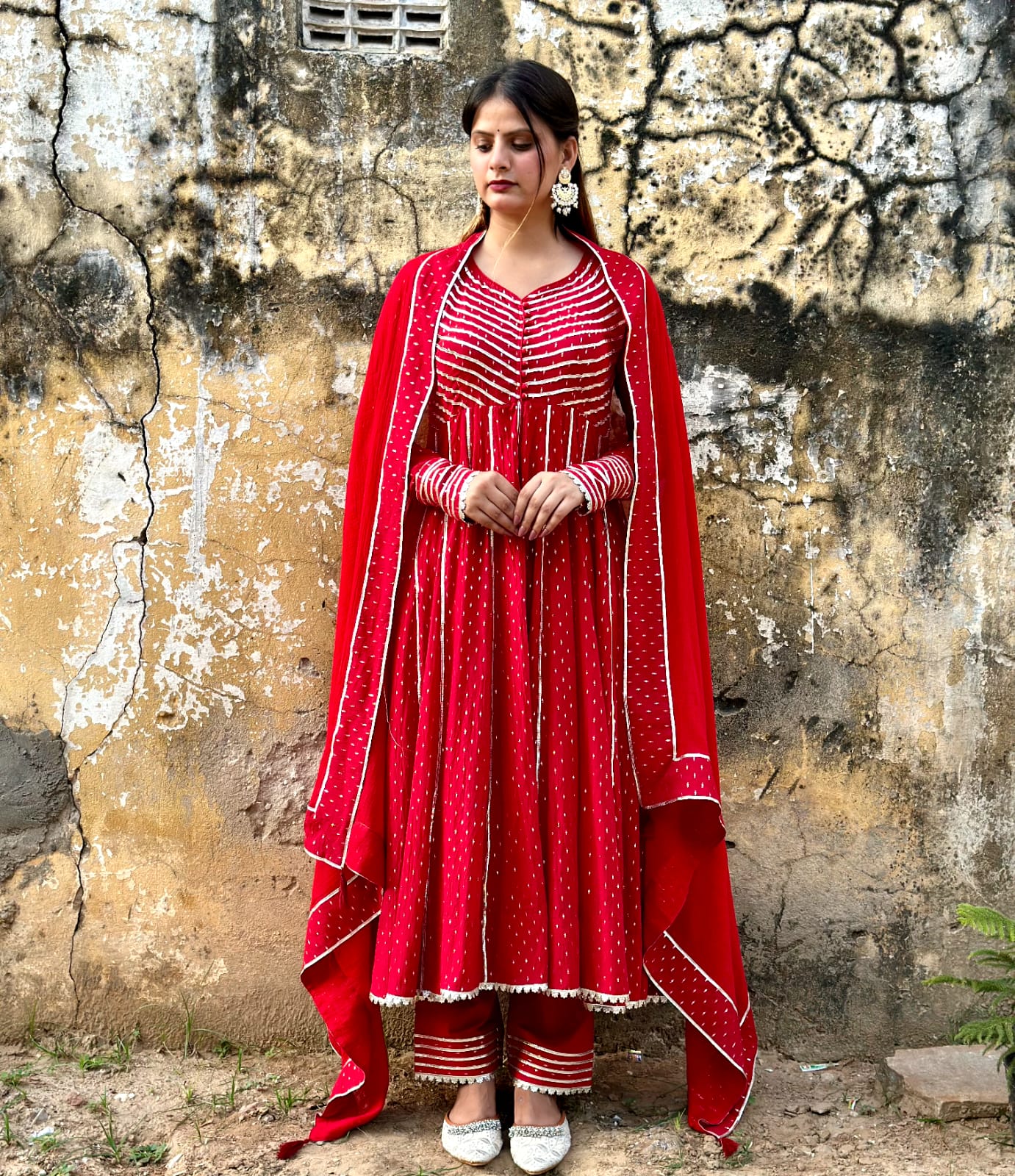 Negchar Handblock Anarkali Suit Set – Red