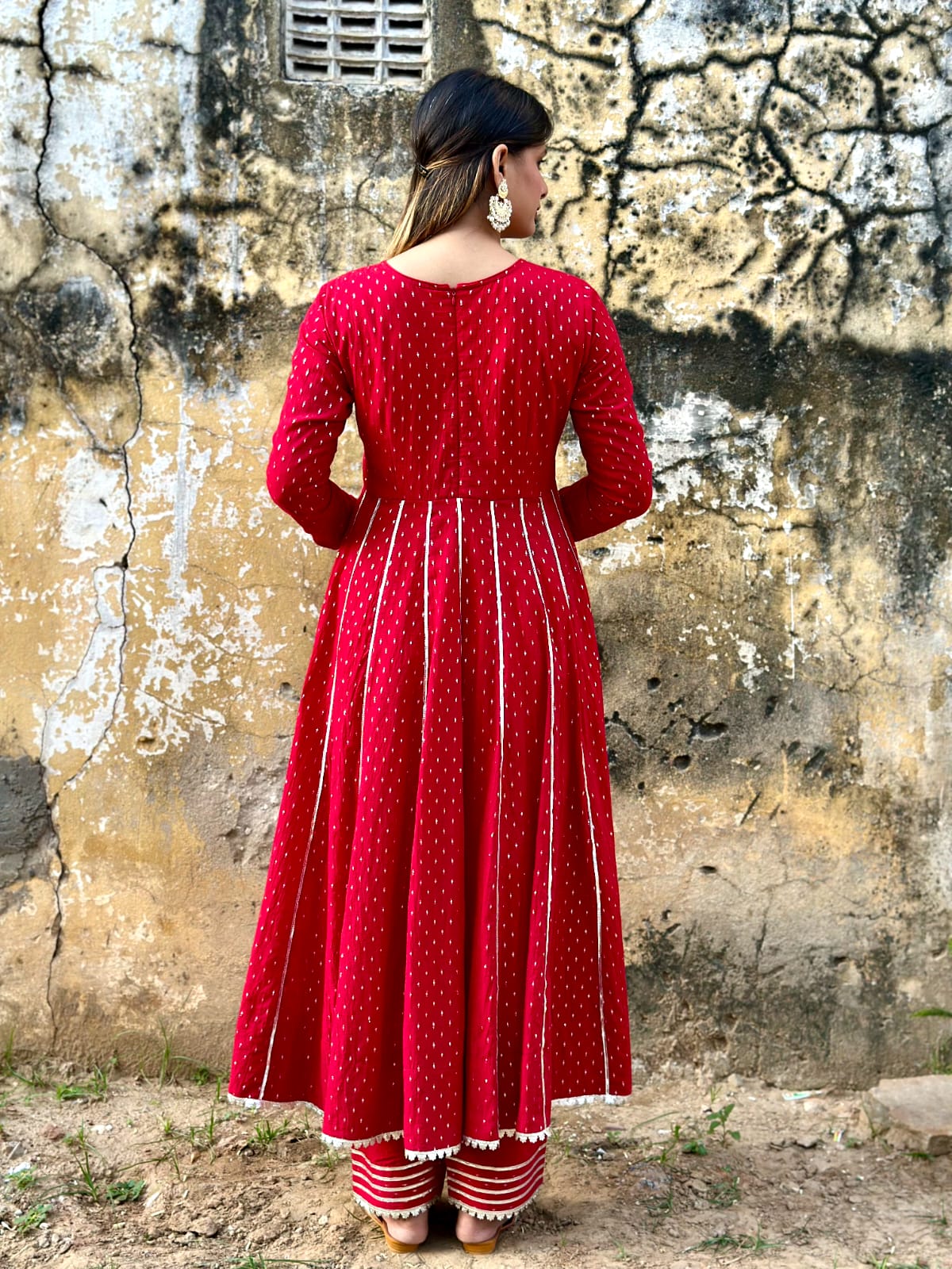 Negchar Handblock Anarkali Suit Set – Red