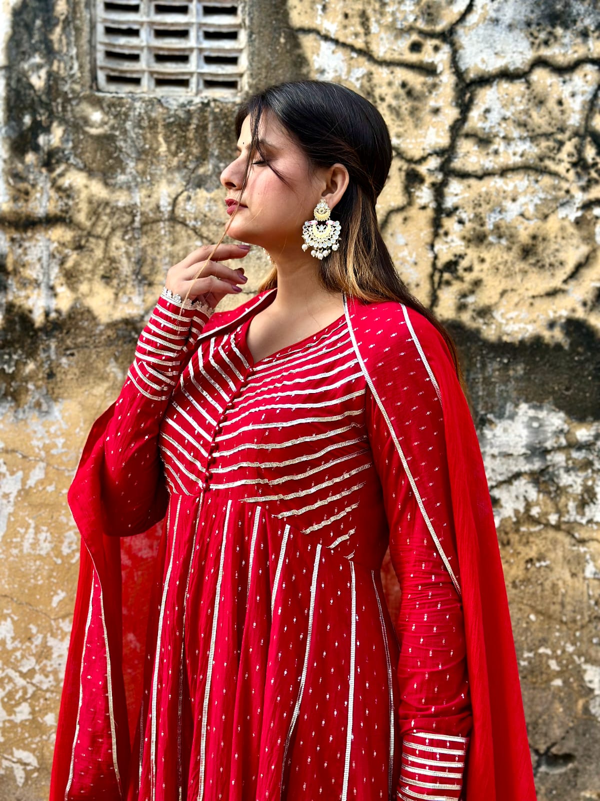 Negchar Handblock Anarkali Suit Set – Red