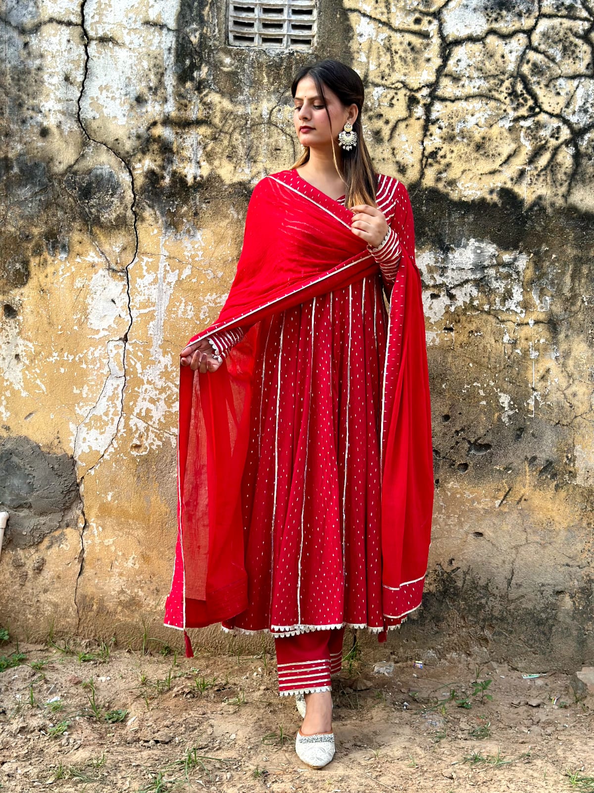 Negchar Handblock Anarkali Suit Set – Red