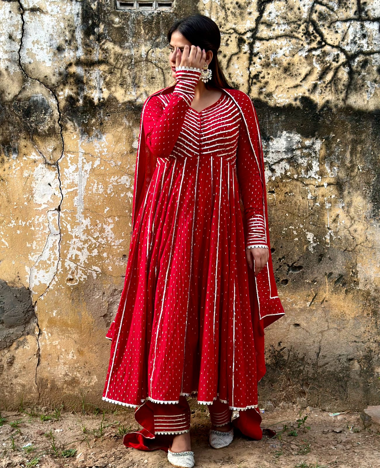 Negchar Handblock Anarkali Suit Set – Red