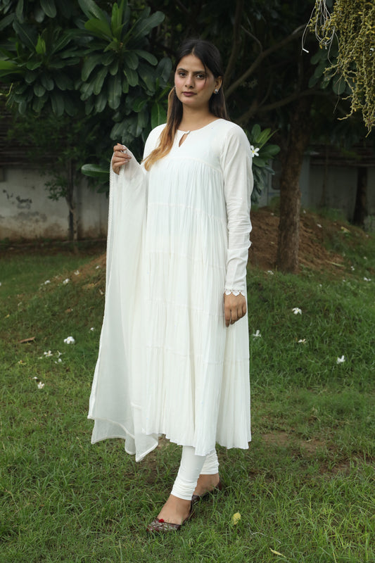 Negchar White Tiered Anarkali Suit Set