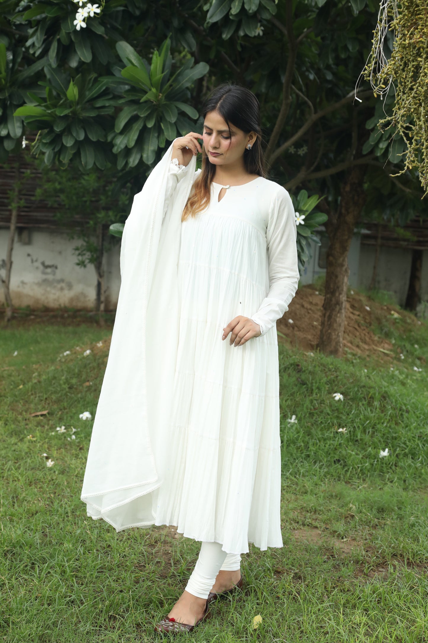 Negchar White Tiered Anarkali Suit Set