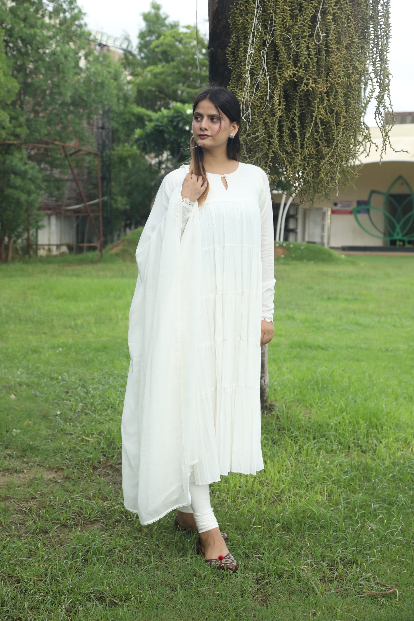 Negchar White Tiered Anarkali Suit Set