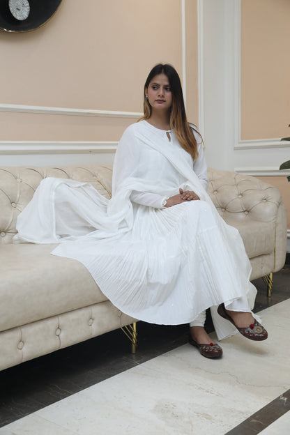 Negchar White Tiered Anarkali Suit Set