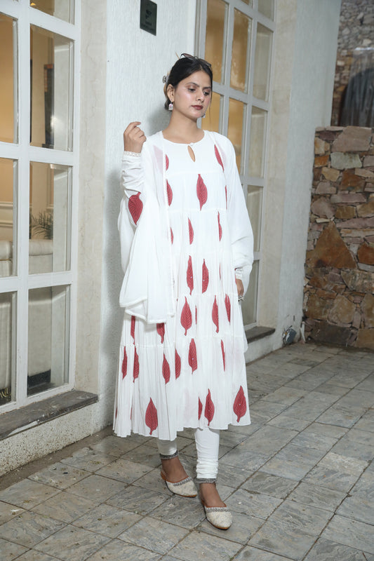 Negchar Red Leaf Handblock Tiered Anarkali Suit Set