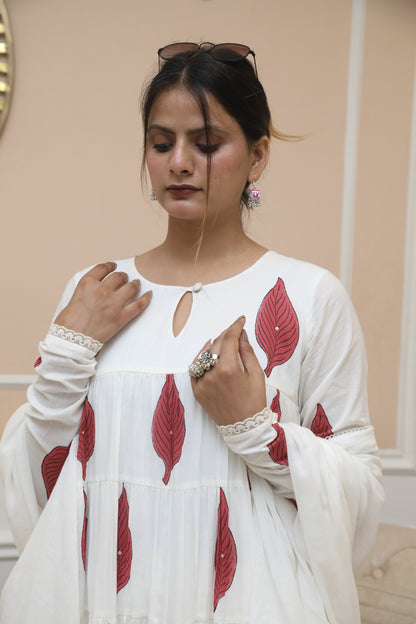 Negchar Red Leaf Handblock Tiered Anarkali Suit Set