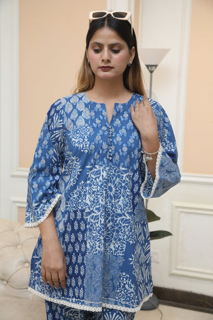 Negchar Solid Blue Cotton Co-Ord Suit Set