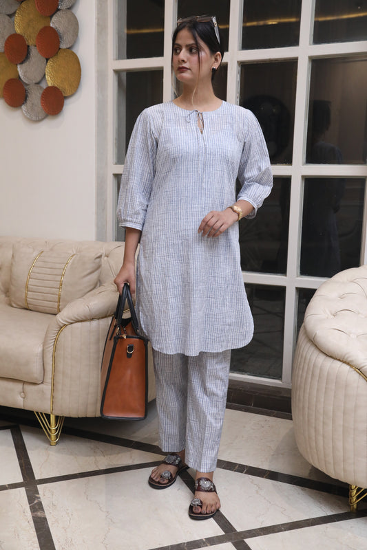 Negchar Handcrafted Soft Grey Striped Linen Kurta Suit Set