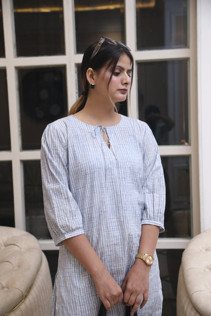 Negchar Handcrafted Soft Grey Striped Linen Kurta Suit Set