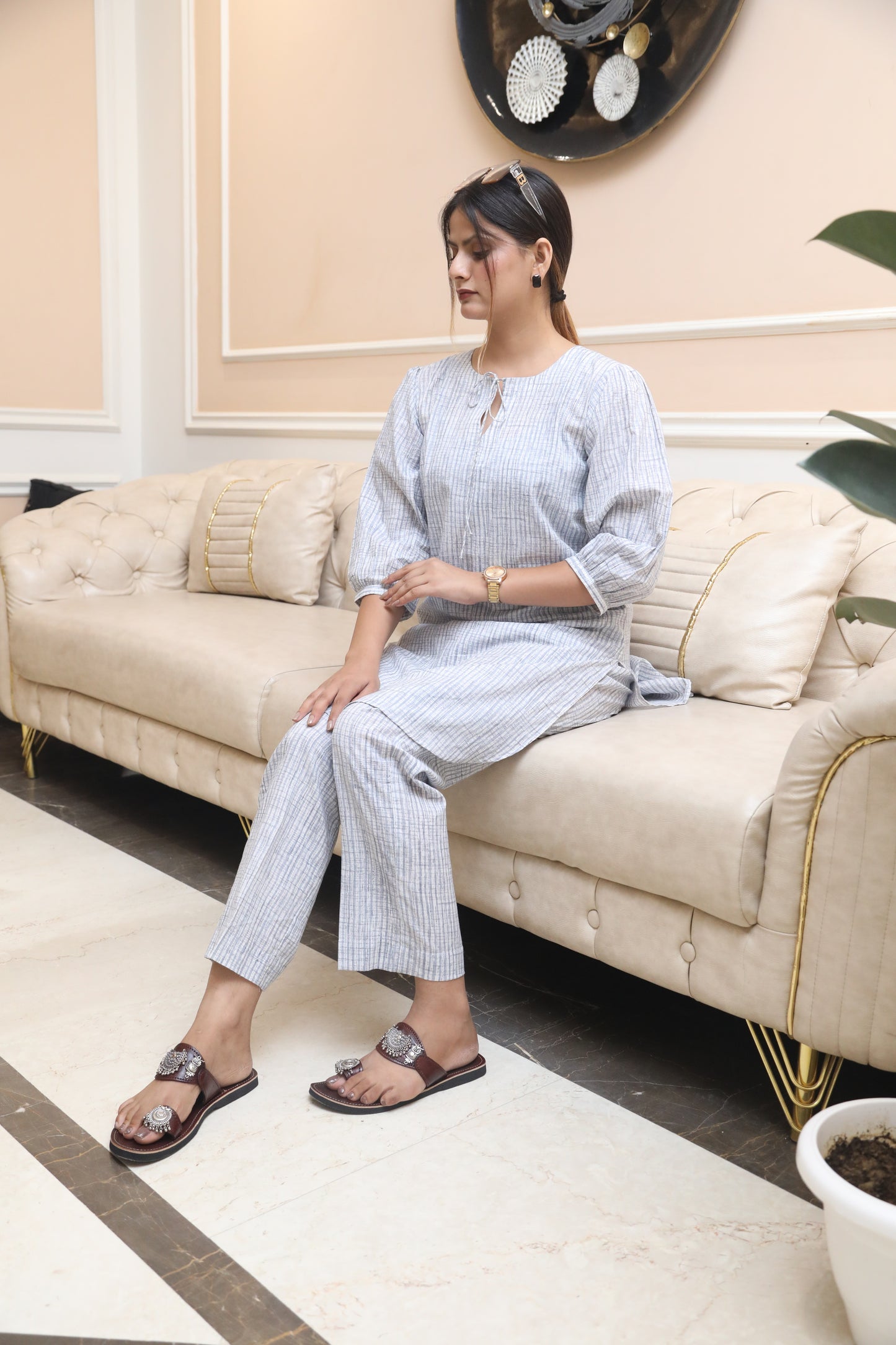 Negchar Handcrafted Soft Grey Striped Linen Kurta Suit Set