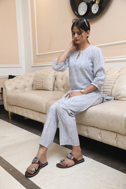 Negchar Handcrafted Soft Grey Striped Linen Kurta Suit Set