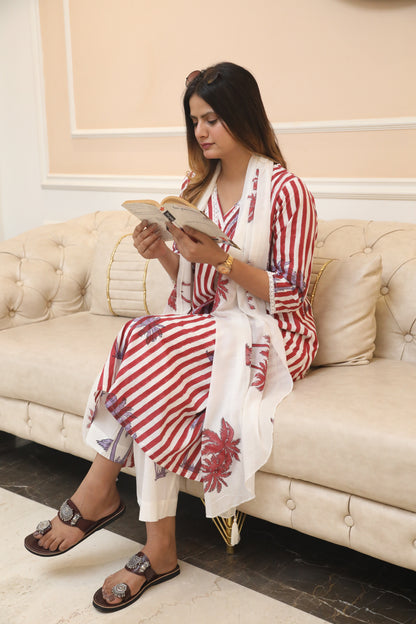 Negchar Red Stripes & Palm Handblock Printed Linen Suit Set