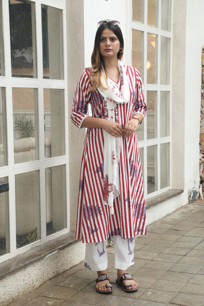 Negchar Blue Stripes & Palm Handblock Printed Linen Suit Set
