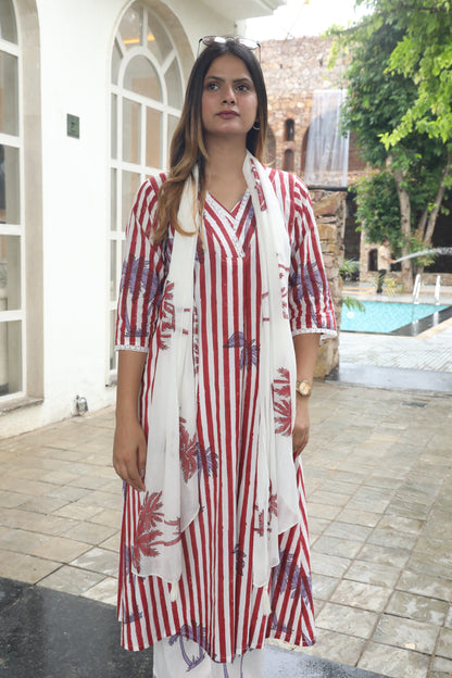 Negchar Red Stripes & Palm Handblock Printed Linen Suit Set