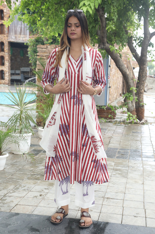 Negchar Red Stripes & Palm Handblock Printed Linen Suit Set